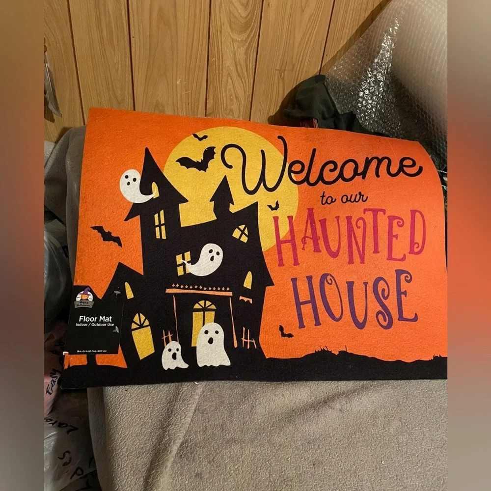 Halloween Haunted House Welcome Mat - Orange and Black